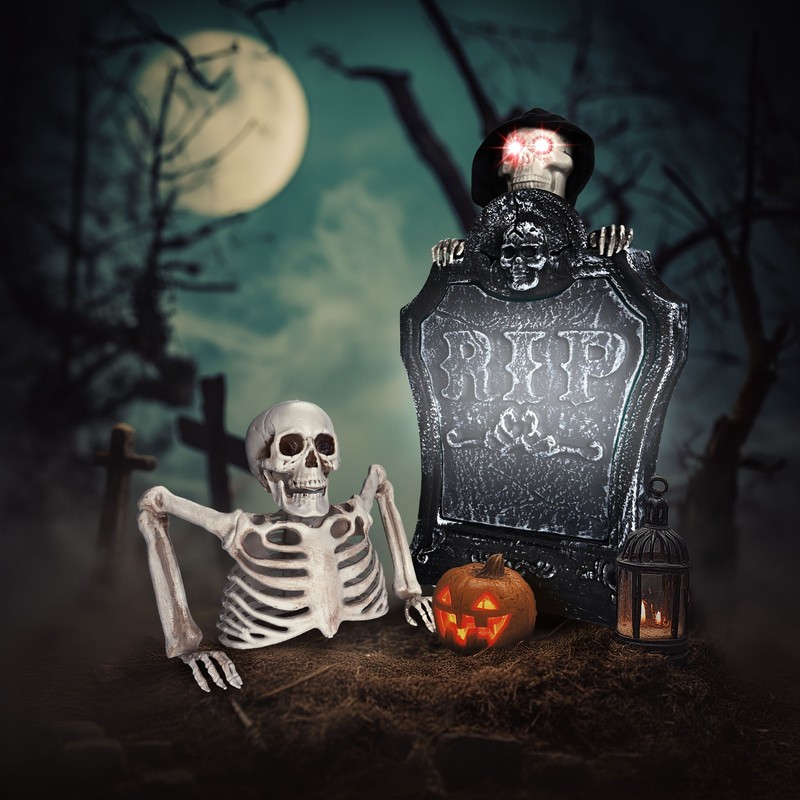 AplusChoice 15" Animated Halloween Tombstone & Half Skeleton Lights Gravestone