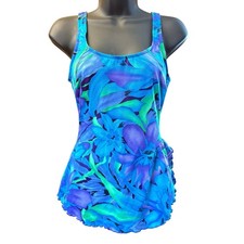 Vintage Jantzen Swimsuit Swim Dress Small One Piece Retro Blue Floral Skirted