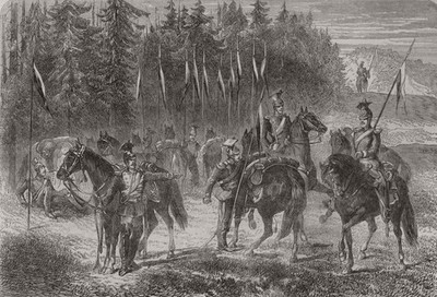 TSCHECHIEN. Preußischer Außenposten, Böhmische Grenze 1866 altes antikes Druckbild