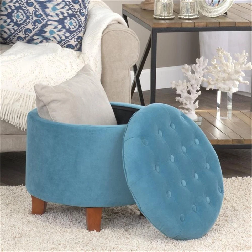 HomePop Round Transitional Wood and Velvet Ottoman with Storage in Blue - Image 3 of 4