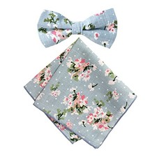 Men's Cotton Floral Print Bow Tie and Pocket Square Set One Size 19-light Blue