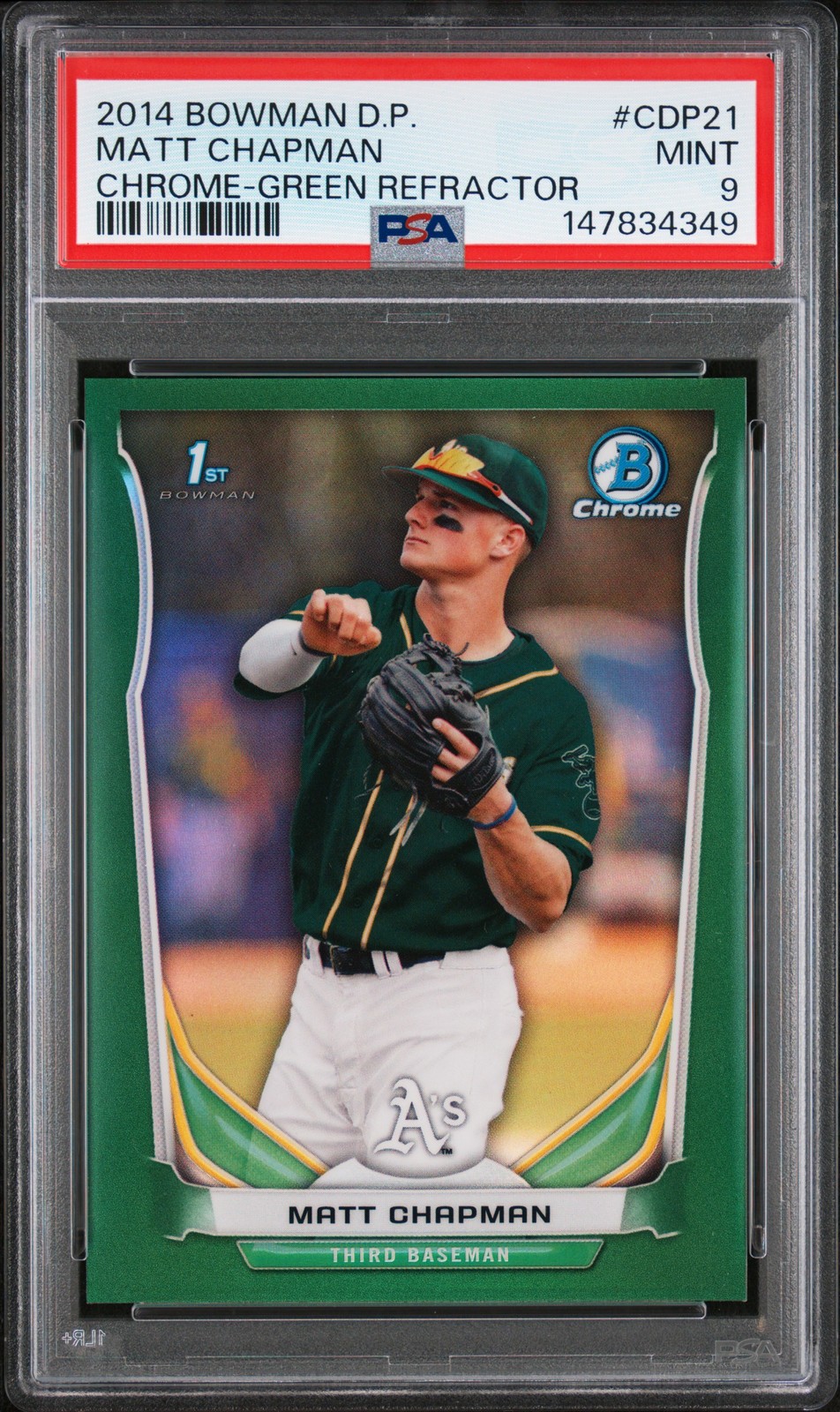 2014 BOWMAN DRAFT CHROME-GREEN REFRACTOR #CDP21 MATT CHAPMAN 69/150 PSA 9