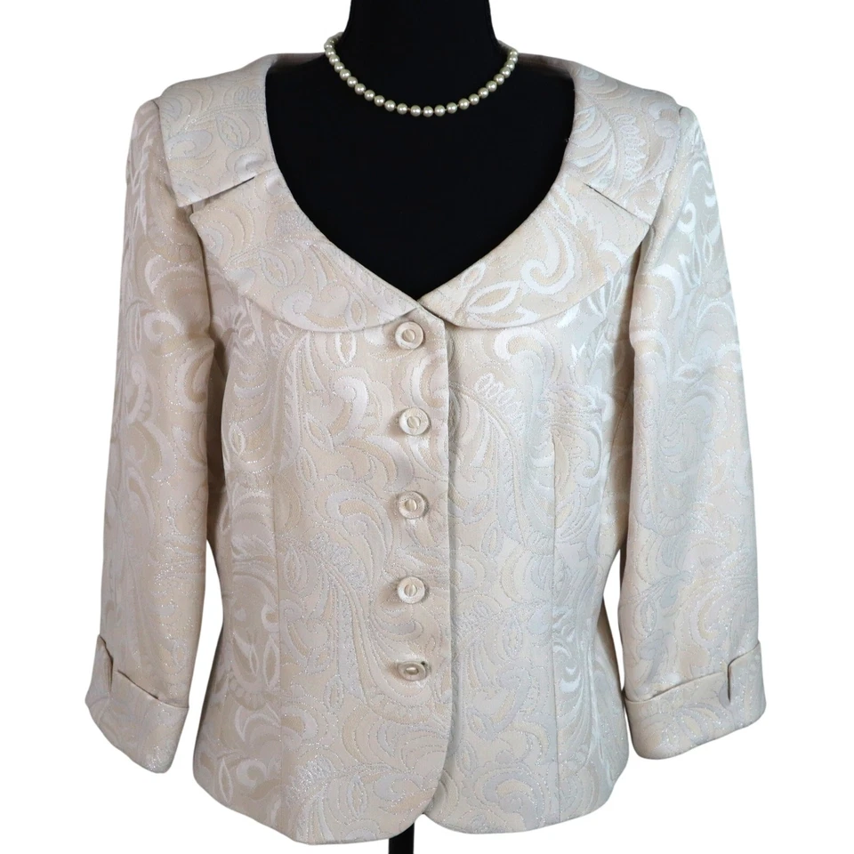 Maggy London SEDA MARFIL CREMA FALDA CONJUNTO TRAJE MUJER 14 BROCADO BRILLANTE METÁLICO Foto 2 de 4