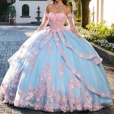 Glitter Appliques Quinceanera Dresses Prom Princess 3D Flower Ball Gown Sweet 15