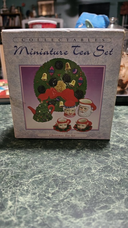 Vintage C. M. Christmas Miniature Tea Set Hand-painted Santa & Elves 10-piece