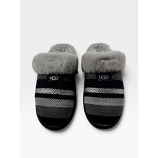 UGG Scuffette II Woven Metallic Suede Womens 10 Black Grey Striped Slippers NEW