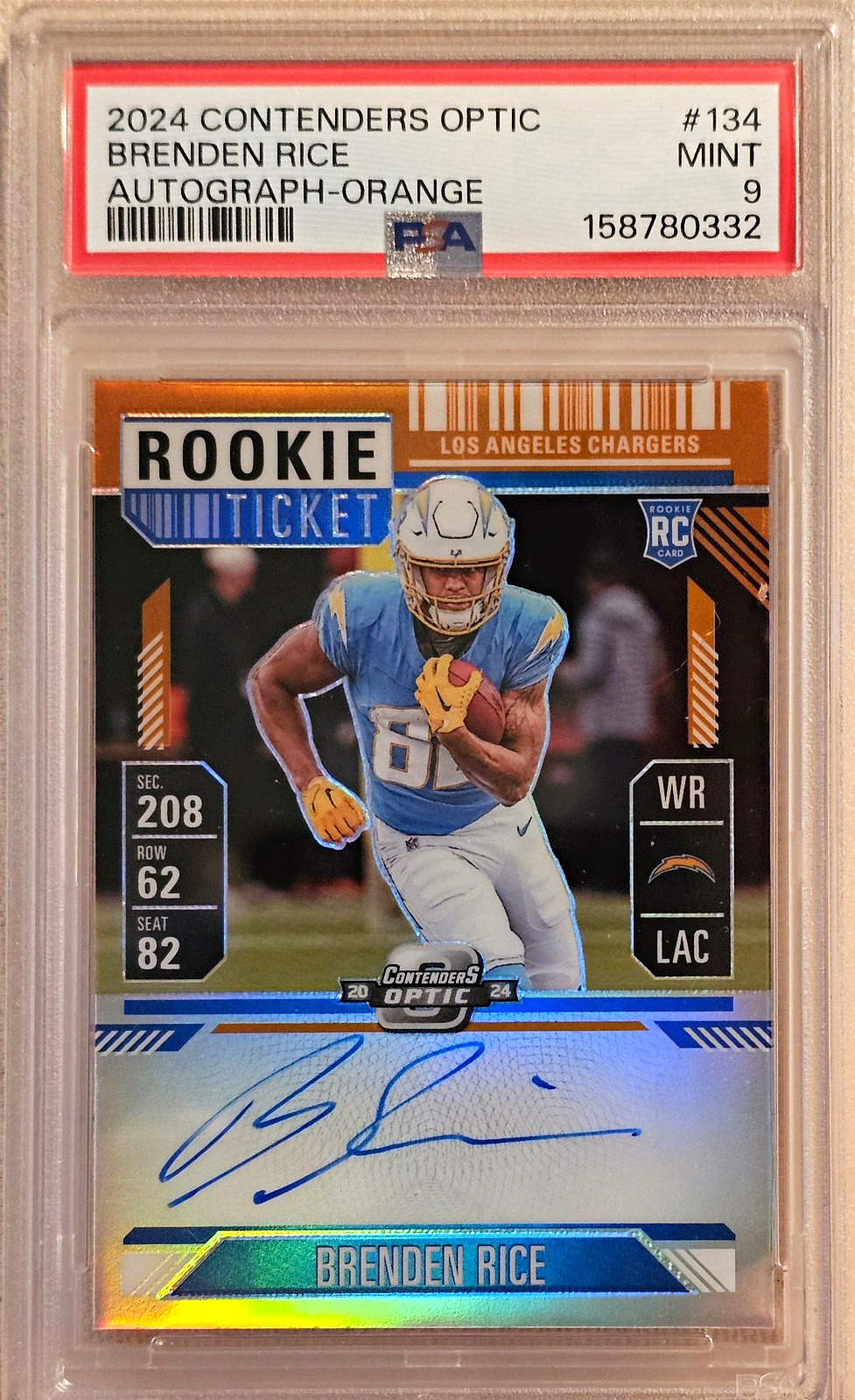 2024 Panini Contenders Optic Brenden Rice Orange Prizm Auto /50 #134 PSA 9