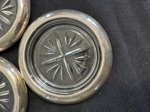 Antique Fb Rogers Sterling Silver Rim Glass Coaster Set Of 4 4” Diameter - Picture 2 of 8
