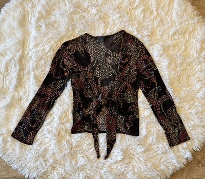 Y2K Mesh Funky Print Tie Front Top SZ S Whimsy Princess Fairy Core