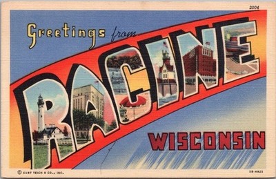 RACINE, Wisconsin Large Letter Postcard Multi-View Curteich Linen c1945 Unused