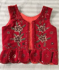 Vintage Handmade Small Child Vest Red Velour Floral Sequin Brass Loops No Ribbon