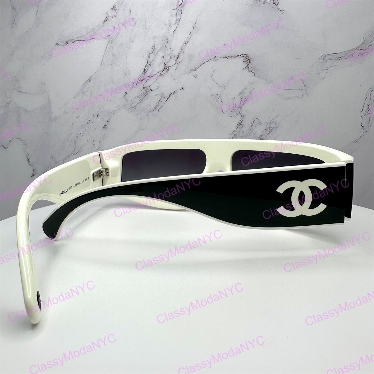 CHANEL 6057 Sunglasses Authentic Black White Shield Wrap Runway CC
