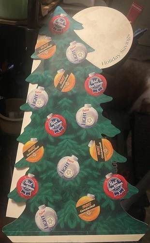 VTG Pabst Beer Cardboard Xmas Tree Counter Display Sign Foldout