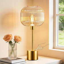 Glass Table Lamp for Living Room, Modern Bedside Lamp with Champagne Ribbed Glas