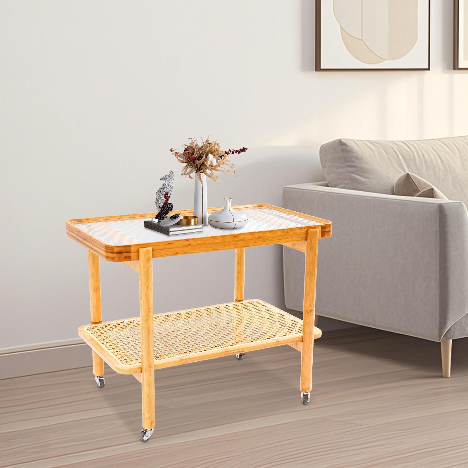 Modern Bamboo Coffee Table with Tempered Glass, Resin Shelves & Wheels