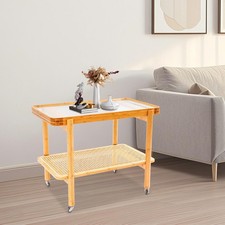 Log Color 2-Tier Rectangular Coffee Table Tempered Glass Bamboo Rattan Wheels