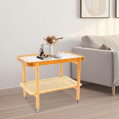 Tempered Glass, Resin, Bamboo Coffee Table with Wheels, 2 Shelves Sofa Table