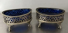 2 Filigree Open Salt Saleron Cellars Cobalt Blue Glass Silver VTG Ball Claw Feet