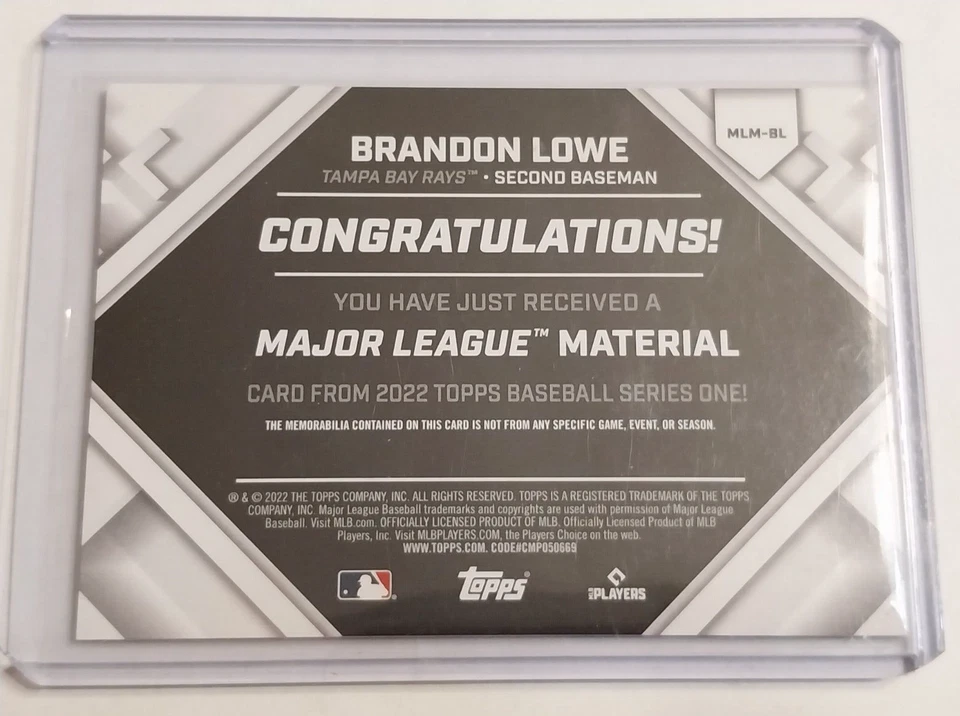 2022 Series 1 Major League Material Relic #MLM-BL Brandon Lowe - Tampa Bay Rays - Image 2 of 2