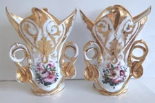 LARGE PAIR of Antique Vieux Old Paris Porcelain Vases with Beautiful Flowers 11"