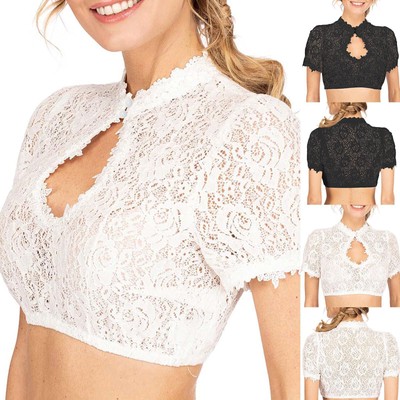 Elegante Dirndlbluse Trachtenbluse Kurzarmige mit Spitze Ausschnitt Oktoberfest