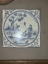 18th Century Dutch Delft Blue  White Pottery Religious Scene Tile