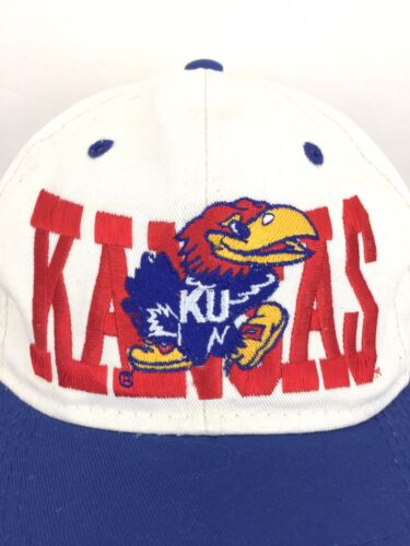 Vtg 90s Kansas Jayhawks Hat Block Script Spell Out Logo Snap Back Basketball Cap - Picture 3 of 12