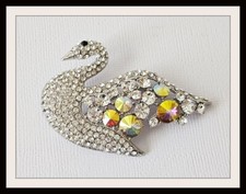 Large Swan Brooch Pin Clear  Aurora Borealis Crystals Silver Plated