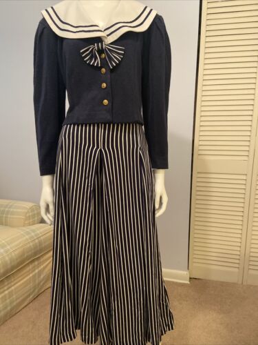 Vintage Jeffrey & Dara Navy Stripes Pant Set Palazzo Pants Pleats Bow Sz 11/12 - Picture 2 of 10