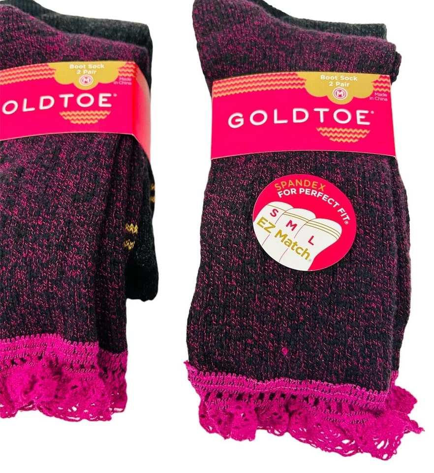 Nuevo con etiquetas Calcetines de vestir Puntera Dorada Niñas Niños Talla M 9-1.5 Bota Crochet Encaje Paquete de 2 Foto 2 de 4