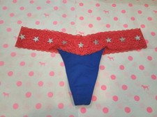 NWT Victoria's Secret PINK Lace-Trim Cotton Thong Panty- Red Blue STARS BLING M