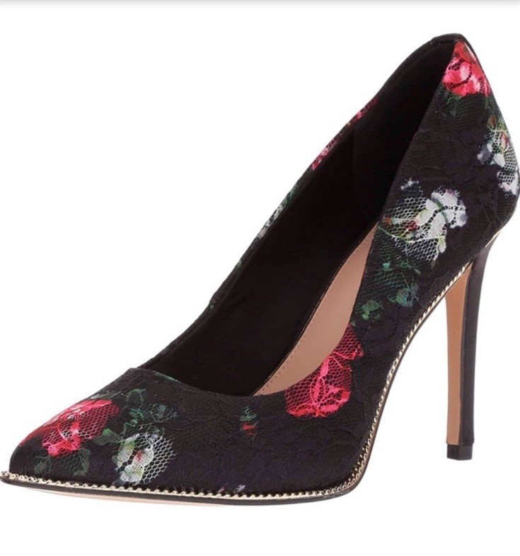 BCBG Generation Women's Harleigh Black Floral Lace Heels With Gold Trim Size 6
