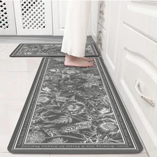 Grey Minimalist Line Art Floral Kitchen Rug Sets 2 PCs Anti-Fatigue Waterproo...