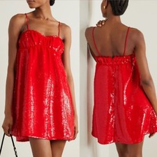 New Ganni Ruched Sequined Tulle Mini Dress Red Babydoll Sparkle Runway Sz 38