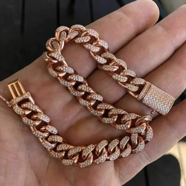 Brazalete de eslabones cubanos para hombre enchapado en oro rosa de 14 k diamante simulado corte redondo de 7 quilates Foto 4 de 4