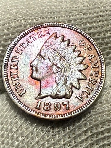 1897 Indian Head Cent Penny, Red, Lustrous AU++ Gem High Grade Nice Color Toned