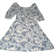 Naif Boho Cottagecore Dress Blue Paisley Floral Bell Sleeve Peasant Tiered L