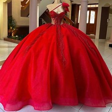 Red Quinceanera Dresses One Shoulder Lace Appliques Prom Ball Gowns Sweet 15 16