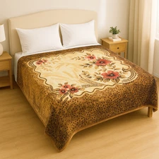 Extremely Soft & Warm Queen Size Plush Blanket, Pretty Brown & Tan with Flowers