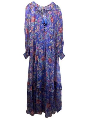 Anthropologie The Marais Printed Tiered Maxi Dress Sz XXS Blue Floral Smocked