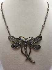 18" Dragonfly Victorian Revival Crystal Pendant Necklace