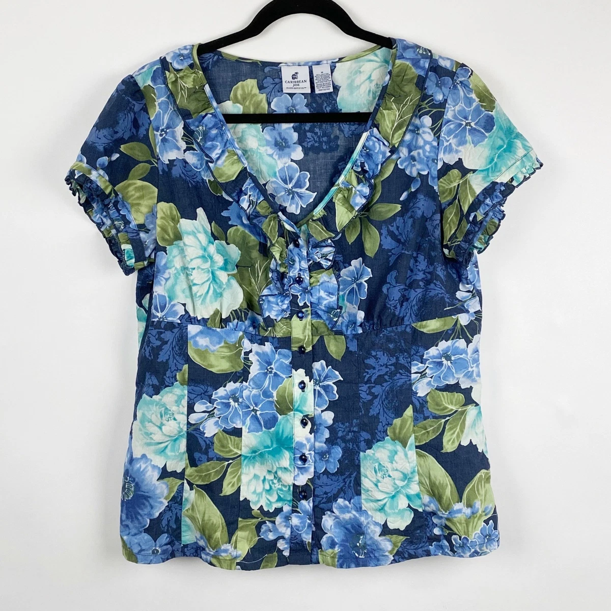 Blouse Caribbean Joe Taille PXL - Manches 3/4, Floral Bleu-vert En Coton, Très Bon état D'occasion