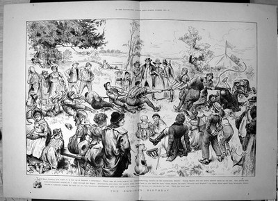Original alter antiker Druck Knappen Geburtstag Französisch Englisch Kaps Tauziehen 1895