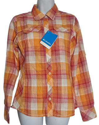 Columbia Women Orange Pink White Checkered Outdoors Small Petite Plaid Roll Tab