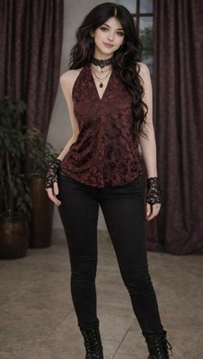 Witchy Whimsical Velvet Burnout Floral Halter Top Blouse S Goth Dark Academia