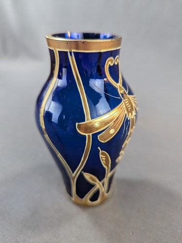 French Cobalt Glass Montjoye Legras Art Nouveau Bud Vase Gilt Dragonfly 4 1/2"H - Picture 8 of 8