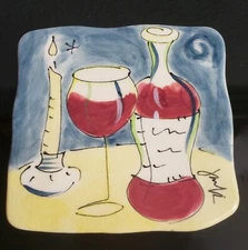JULIA JUNKIN STUDIO Square 6¾" Ceramic Spoon Rest Wall Hanging Wine & Candle