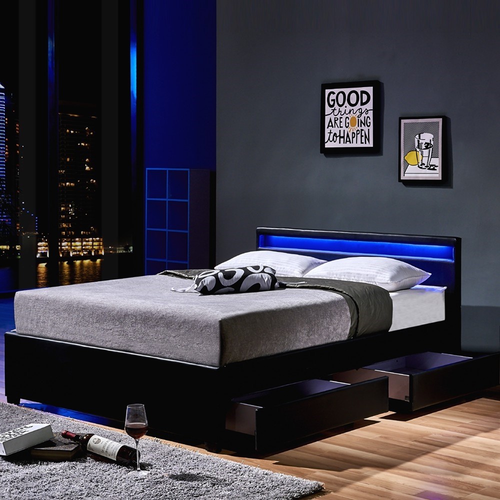 LED Cama de Piel Cuero Tapizada Negro Gris Blanco Con Somier Op. Cajas para