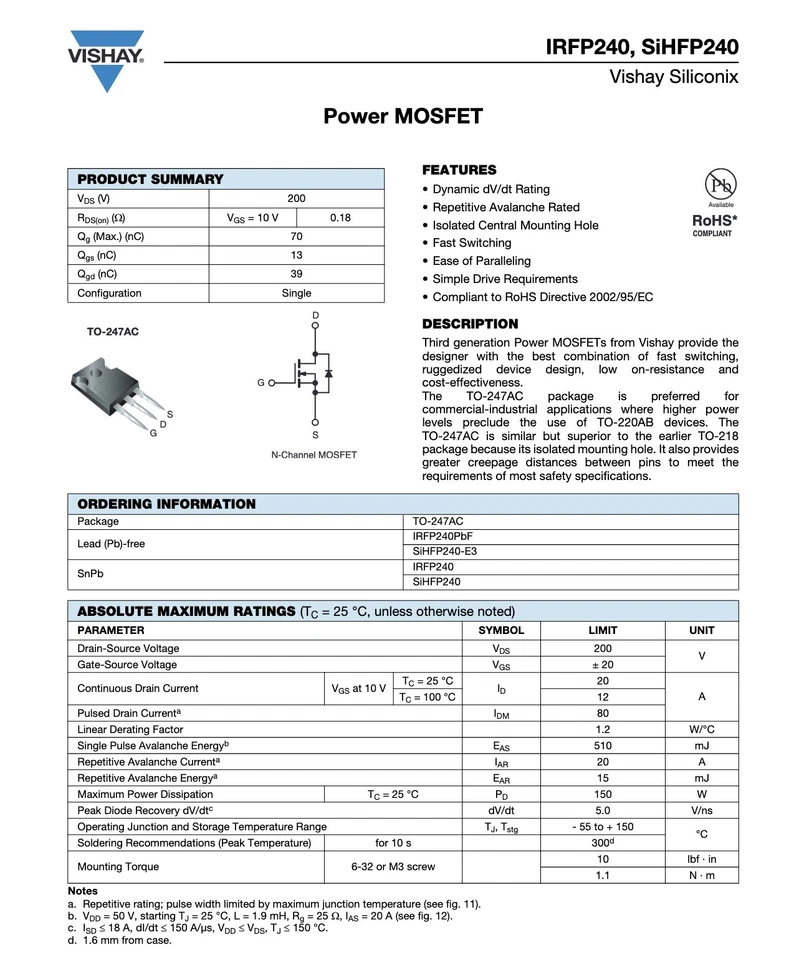 IRFP 240 TRANSISTOR N MOSFET 200V 20A 150W (lotto 4pz) *** OFFERTA!!! - Bild 2 von 3