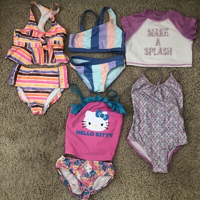 Girls Small 6/6X Swimsuit Lot : Cat & Jack Splash Mermaid Rash Guard Hello Kitty